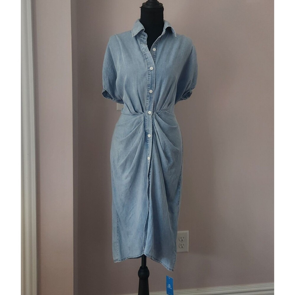 NWT CUPSHE Denim Midi Shirt Dress Blue Button Up Dolman Sleeve Sash Waist Medium - Picture 10 of 13